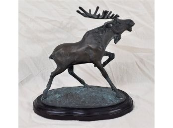 Brass Moose Sculpture Statue On Wood Plinth