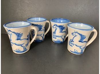 Vintage M. A. Hadley Pottery Blue Horse Tall Grand Mugs With Flared Top Group- ~4 Pieces