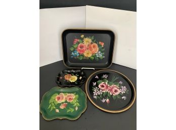 Assorted Hand Painted Floral Decorated Tole Trays Group ~4 Pieces