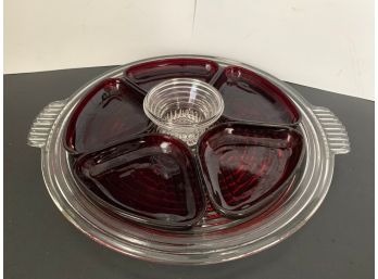Vintage Depression Anchor Hocking Manhattan 14' Glass Relish Tray W/ Ruby Inserts