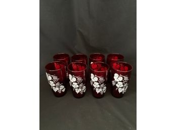 Vintage Anchor Hocking Royal Ruby Tumbler Glasses W/white Grape Vine Set Group- ~8 Pieces