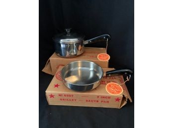 Vintage New In Open Box Kaylan Ware Copper Clad Stainless Steel Pans Group- ~3 Pieces