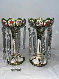 VERY RARE ANTIQUE PAIR OF BOHEMIAN EMERALD GREEN HAND PAINTED GOLD AND ENAMEL CANDLE LUSTERS CIRCA 1865-1885