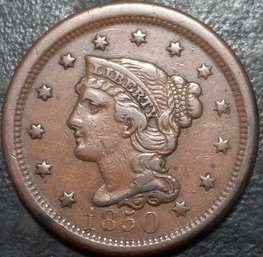 1850 BRAIDED HAIR LARGE CENT FINE 12 QUALITY