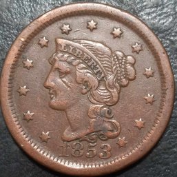 1853 BRAIDED HAIR LARGE CENT FINE 15 QUALITY