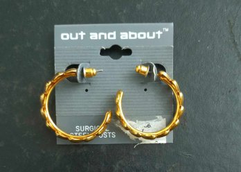 OUT AND ABOUT SURGICAL STEEL PAIR OF GOLD TONE EARRINGS NEW IN PACKAGE