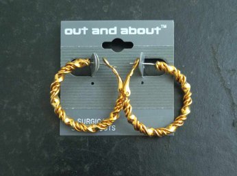 OUT AND ABOUT SURGICAL STEEL PAIR OF GOLD TONE EARRINGS NEW IN PACKAGE