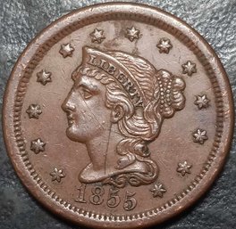 1855 BRAIDED HAIR LARGE CENT UPRIGHT 5'S VF-25 QUALITY