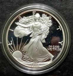 1ST YEAR 1986-S 1 OZ SILVER EAGLE PROOF IN BOX AND COA $99.00 AND UP ON EBAY