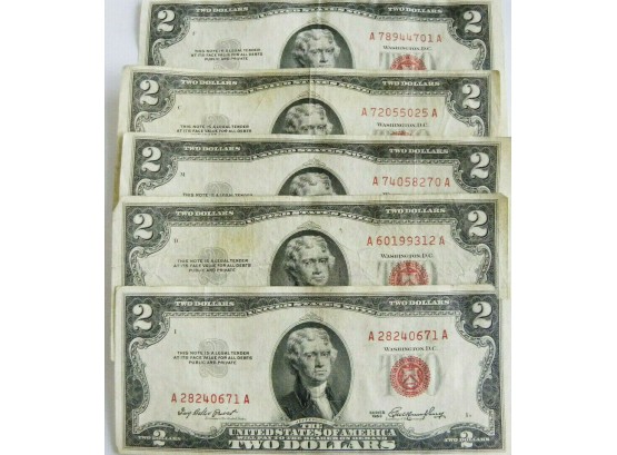 Lot Of 5 $2 Red Seal United States Notes Dated 1953,1953-A,1953-B, 2 1953-C Mid Grade