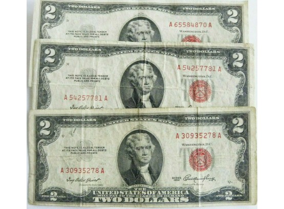 Lot Of 3 $2 Red Seal United States Notes Dated 1953,1953-A,1953-B Mid Grade