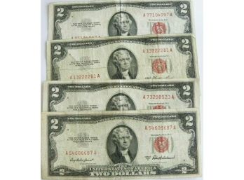 Lot Of 4 $2 Red Seal United States Notes Dated 1953,1953-A,1953-B,1953-C Mid Grade