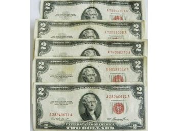 Lot Of 5 $2 Red Seal United States Notes Dated 1953,1953-A,1953-B, 2 1953-C Mid Grade
