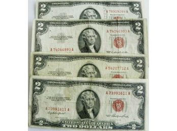 Lot Of 4 $2 Red Seal United States Notes Dated 1953,1953-A,1953-B,1953-C Mid Grade