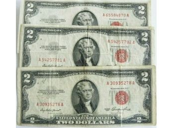 Lot Of 3 $2 Red Seal United States Notes Dated 1953,1953-A,1953-B Mid Grade