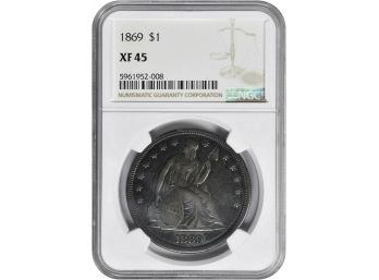 EXTREMELY RARE 1869 SEATED LIBERTY SILVER DOLLAR NGC XF-45 TONED-151 YEARS OLD-ONLY 424,300 MINTED