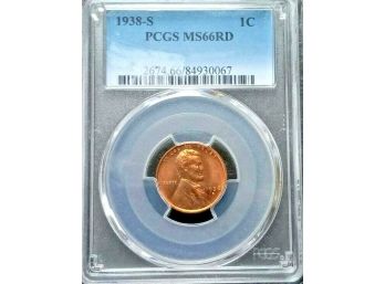 1938-S LINCOLN WHEAT CENT PCGS MS-66 RED SUPERB GEM