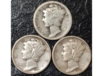 LOT OF 3 MERCURY DIMES 1917,1925,1929 P MINT FINE TO VERY FINE CONDITION