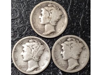 LOT OF 3 MERCURY DIMES 1920,1923,1925 P MINT GOOD TO VERY FINE CONDITION