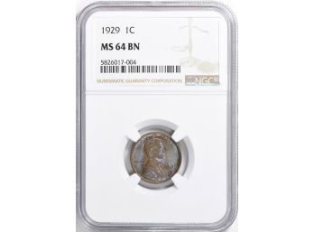 1929 LINCOLN WHEAT CENT NGC MS-64 BN LIGHT BLUE TONING