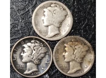 LOT OF 3 MERCURY DIMES 1923-P,1925-P,1927-D MINT GOOD TO EXTRA FINE CONDITION