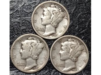 LOT OF 3 MERCURY DIMES 1923,1926,1929 P MINT FINE TO VERY FINE CONDITION