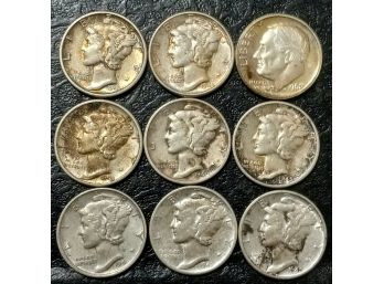 LOT OF 8 MURCURY SILVER DIMES P AND D MINTS AND 1 1962 GEM PROOF ROOSEVELT SILVER DIME