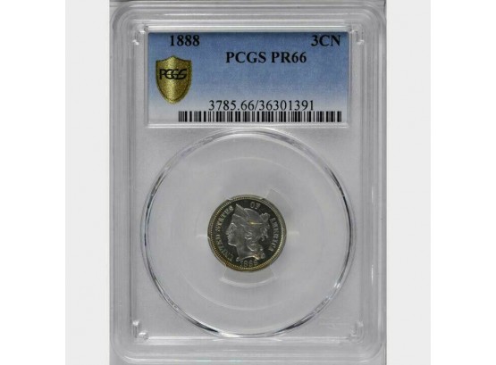RARE 1888 Nickel Three Cent Piece Graded PCGS PR-66. Beautiful Rim Toning
