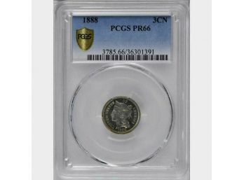 RARE 1888 Nickel Three Cent Piece Graded PCGS PR-66. Beautiful Rim Toning