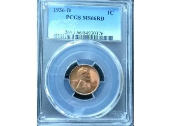1936-D LINCOLN WHEAT CENT PCGS MS-66 RED SUPERB GEM