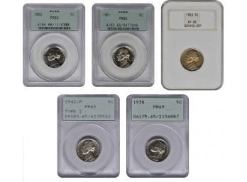 LOT OF 5 JEFFERSON PROOF NICKELS 1938-1952 NGC/PCGS 1ST GEN/OGHFATTY HOLDERS Proof-65 To 66