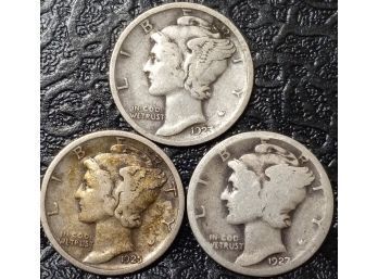 LOT OF 3 MERCURY DIMES 1923,1925,1927 P MINT GOOD TO VERY FINE CONDITION