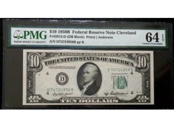 FR. 2012 D $10 1950-B Federal Reserve Note Cleveland D-B Block Choice PMG CU64