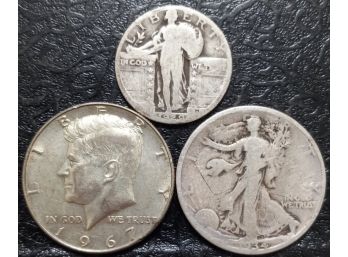 1934-P WALKING LIBERTY, 1967 40 PERCENT SILVER KENNEDY HALF DOLLARS AND 1929 STANDING LIBERTY SILVER QUARTER