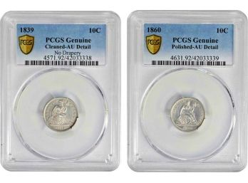 1839 AND 1860 SEATED LIBERT DIMES BOTH PCGS GENUINE AU DETAILS (LOT OF 2)
