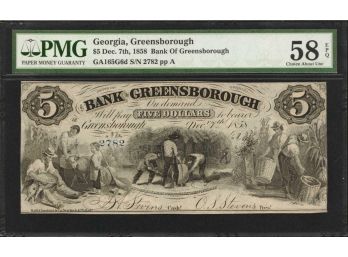 Greensborough, Georgia. Bank Of Greensborough. Dec. 7, 1858. $5. PMG Choice About Uncirculated 58 EPQ.
