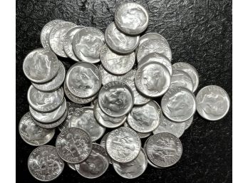 LOT OF 50 GEM BRILLIANT UNCIRCULATED ROOSEVELT DIMES.  EVEN MIX OF 1956,1957 AND 1958. NICE !