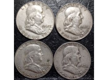 LOT OF 4 SILVER FRANKLIN HALF DOLLARS 1952-D, 2 1962-D, 1963-D