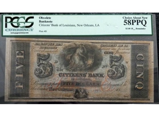 New Orleans, LA- Citizens' Bank Of Louisiana $5 PCGS CHOICE ABOUT NEW