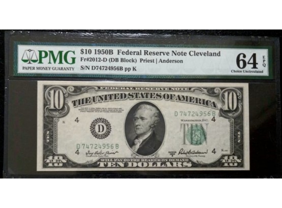 FR. 2012 D $10 1950-B Federal Reserve Note Cleveland D-B Block Choice PMG CRISP UNCIRCULATED-64