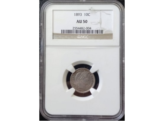 2ND YEAR OF ISSUE 1893 P MINT BARBNER DIME NGC AU-50