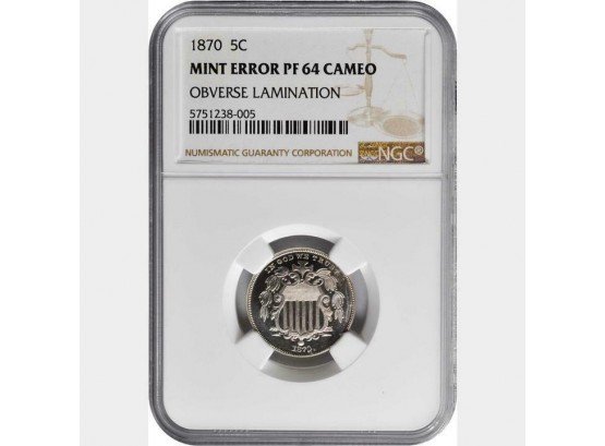 Extremely RARE Key Date 1870 Shield Nickel NGC PROOF-64 CAMEO Obverse Lamination