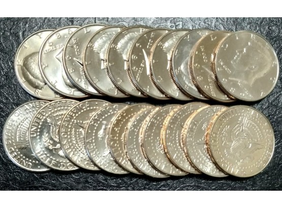 GEM BRILLIANT UNCIRCULATED ROLL OF 1989-D KENNEDY HALF DOLLARS (20 COINS) IN PLASTIC TUBE