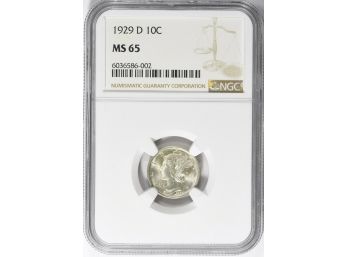 1929-D MERCURY DIME NGC MS-65 BRIGHT LUSTER WITH SHARP DETAILED STRIKE-NEAR FB
