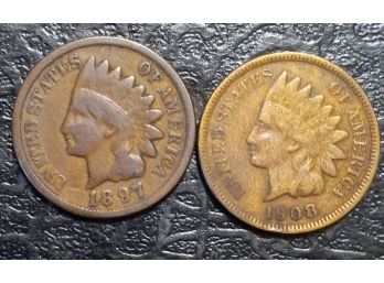 1897 AND 1908 INDIAN HEAD CENTS VG TO FINE CONDITION