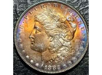 BETTER DATED 1882 P MINT MORGAN SIVER DOLLAR MS-63 QUALTY WITH VIBRANT RAINBOW TONING