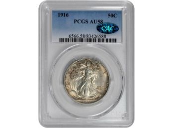 RARE 1ST YEAR OF ISSUE 1916-P WALKING LIBERTY HALF DOLLAR PCGS AU-58 WITH CAC STICKER FOR EXCEPTIONAL QUALITY