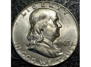 GEM BRILLIANT UNCIRCULATED 1963-D FRANKLIN HALF DOLLAR MS-65 QUALITY WITH BRIGHT LUSTER