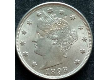 GEM UNCIRCULATED 1893 LIBERTY V NICKEL MS-63 TO MS-64 QUALITY SEMI MIRROR LUSTER OVER $200.00 ON EBAY