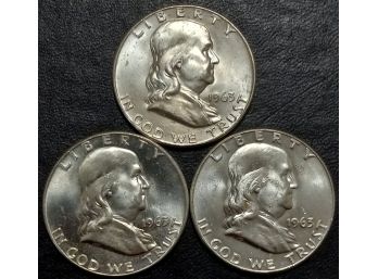 LOT OF 3 GEM BRILLIANT UNCIRCULATED 1963-D FRANKLIN HALF DOLLARS MS-65 TO MS-66 QUALITY WITH BRIGHT LUSTER